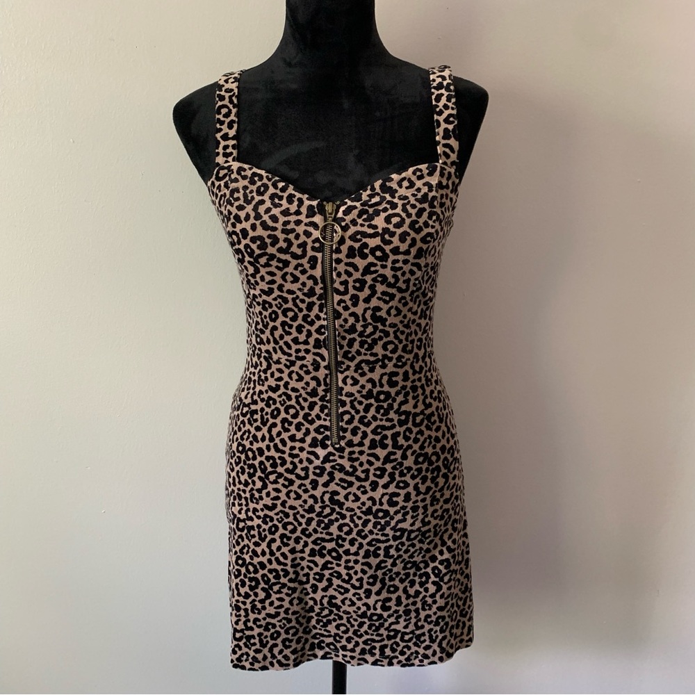 Wild Fable Leopard Corduroy Ribbed Mini Dress Bodycon Zipper Black Brown X-Small